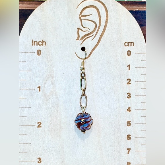 Long Gold tone and Blue Glass Flower Earrings - Picture 2 of 4